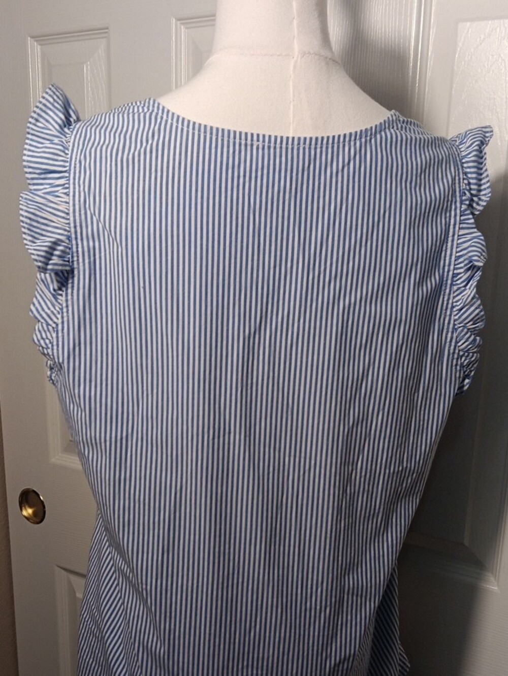 J. Crew Blue and White Pinstripe V-Neck Ruffle-Sleeve Top Size Medium - Picture 6 of 12